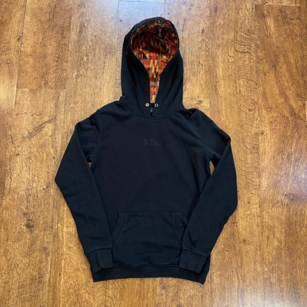 faded black pullover hoodie with embroidered "Kin" satin lining - Picture 1 of 8